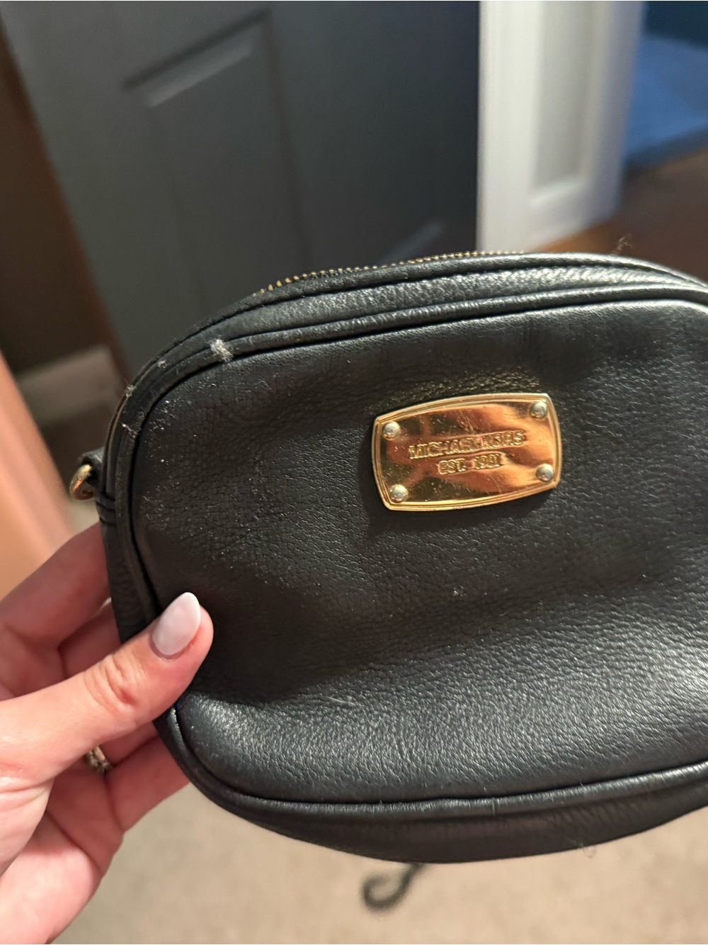 Michael Kors Black Leather Crossbody with Gold Logo Plaque